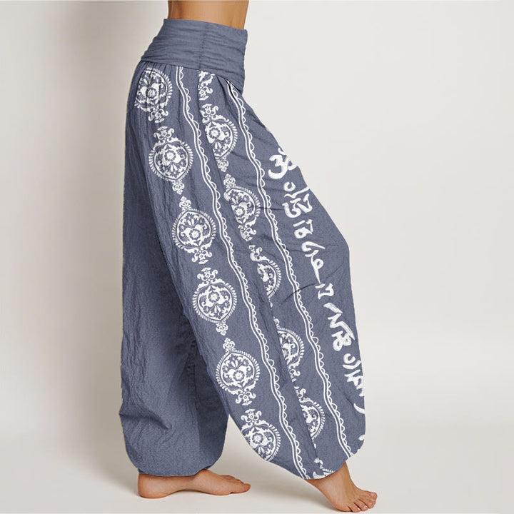 Buddha Stones Damen-Haremshose aus reiner Baumwolle mit Mandala-Motiv „Om Mani Padme Hum“ und elastischer Taille