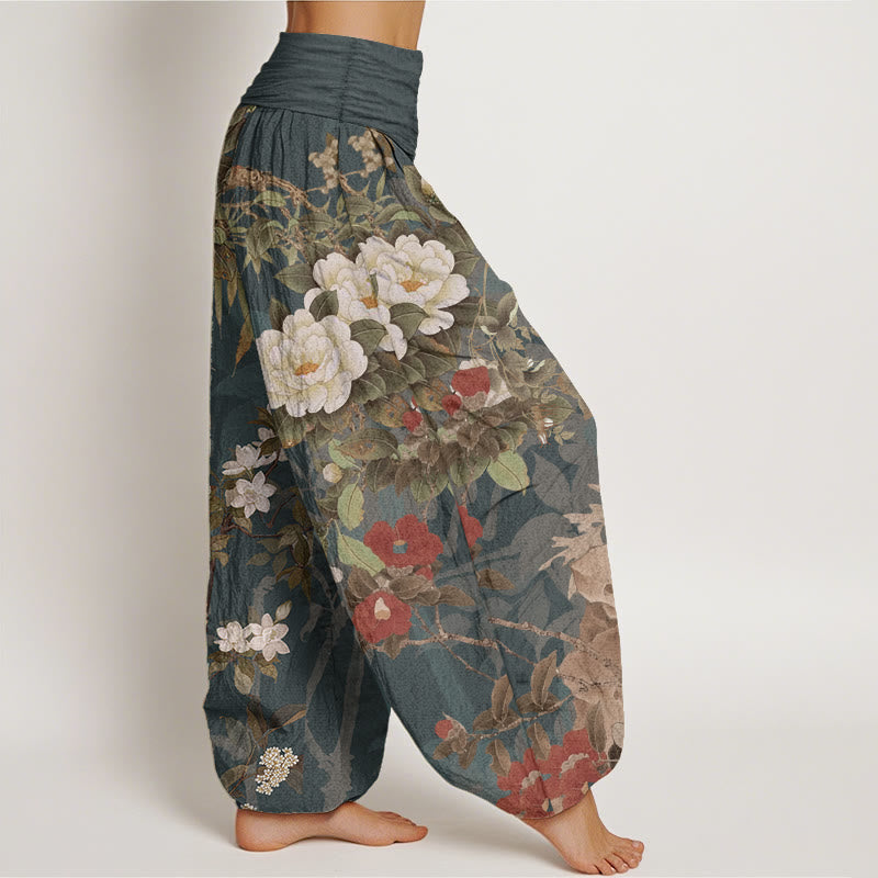 Buddha Stones Damen-Haremshose aus reiner Baumwolle mit elastischer Taille und Pfingstrosen-Blumen-Blättern - image 1