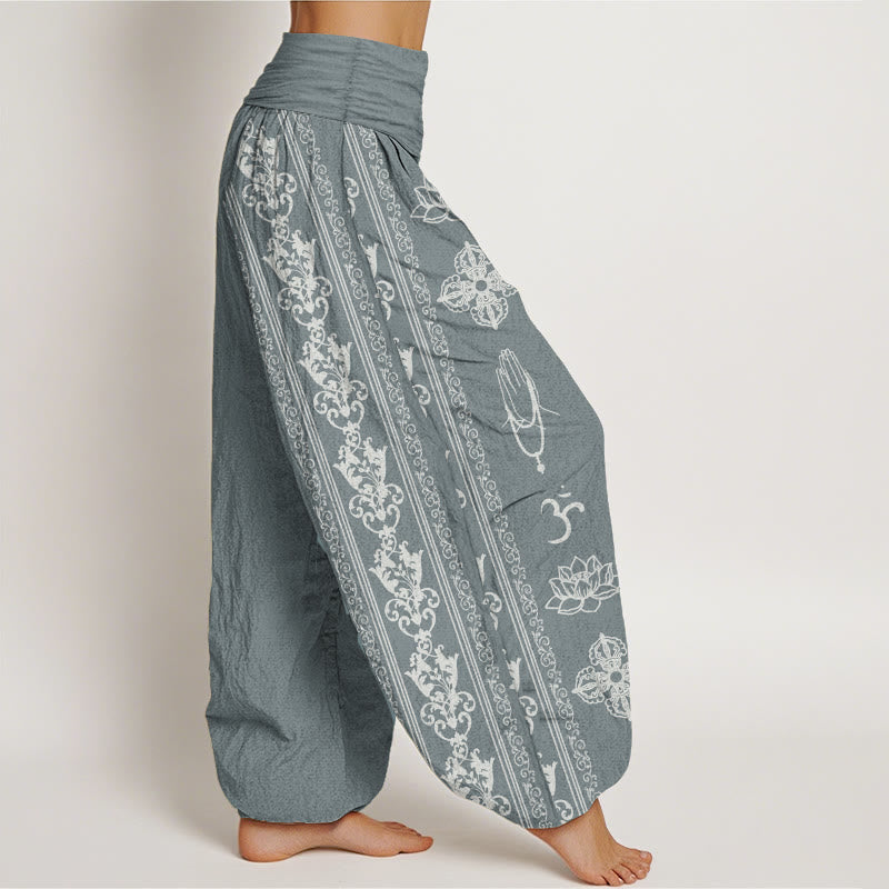 Haremshose für Damen mit elastischer Taille, Buddha Stones, reine Baumwolle, Lotusblumen, doppeltes Dorje-Vajra-Namaste-Om-Design