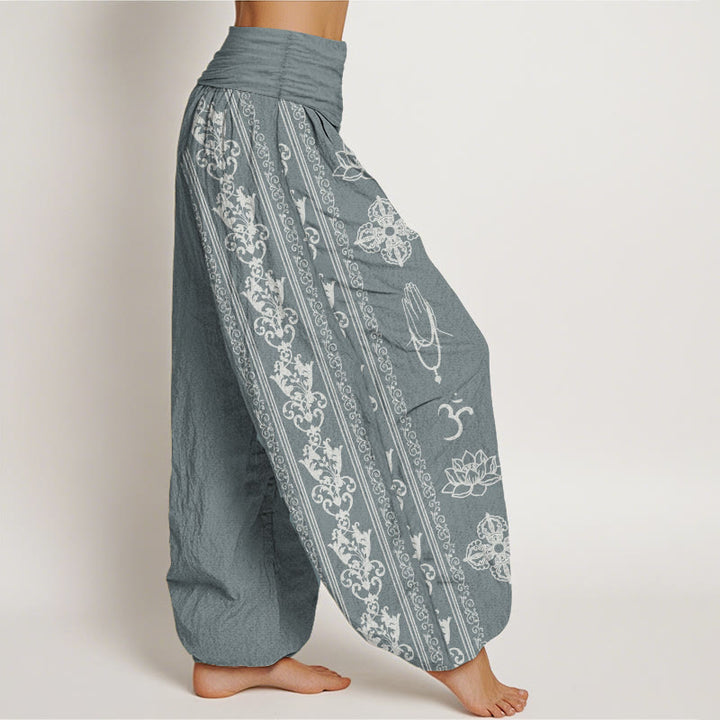 Haremshose für Damen mit elastischer Taille, Buddha Stones, reine Baumwolle, Lotusblumen, doppeltes Dorje-Vajra-Namaste-Om-Design
