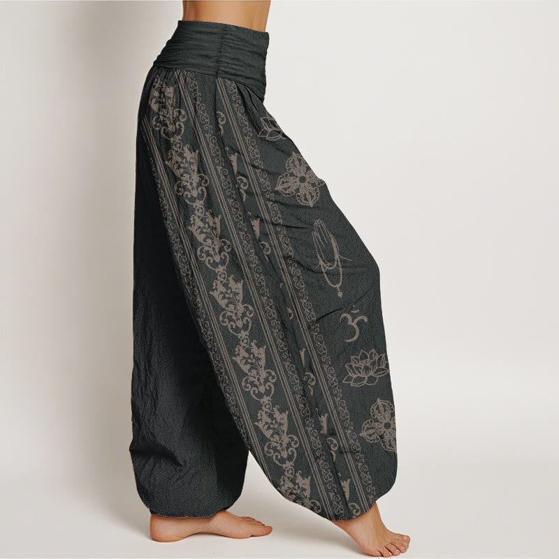 Haremshose für Damen mit elastischer Taille, Buddha Stones, reine Baumwolle, Lotusblumen, doppeltes Dorje-Vajra-Namaste-Om-Design
