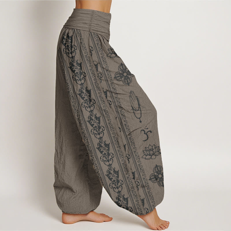 Haremshose für Damen mit elastischer Taille, Buddha Stones, reine Baumwolle, Lotusblumen, doppeltes Dorje-Vajra-Namaste-Om-Design