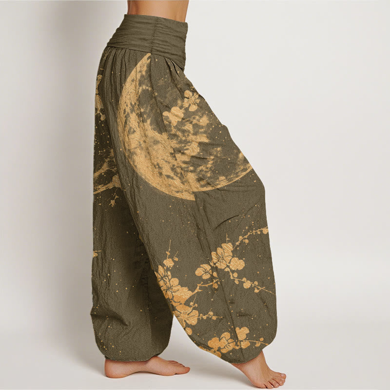 Buddha Stones Damen-Haremshose aus reiner Baumwolle mit goldenem Pflaumenblüten-Vollmond-Muster und elastischer Taille