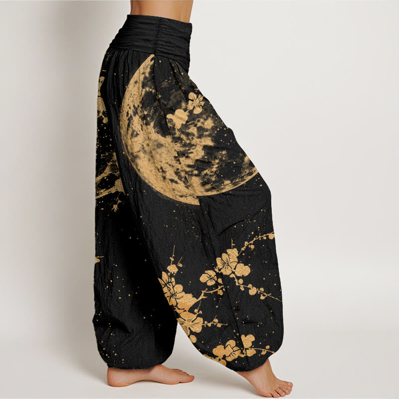Buddha Stones Damen-Haremshose aus reiner Baumwolle mit goldenem Pflaumenblüten-Vollmond-Muster und elastischer Taille