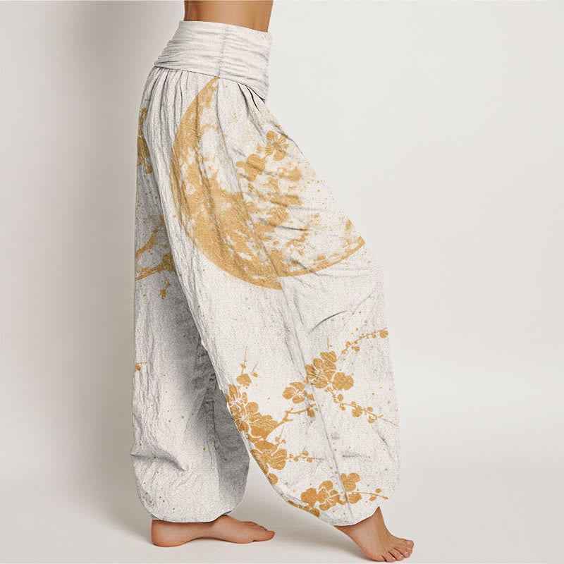 Buddha Stones Damen-Haremshose aus reiner Baumwolle mit goldenem Pflaumenblüten-Vollmond-Muster und elastischer Taille