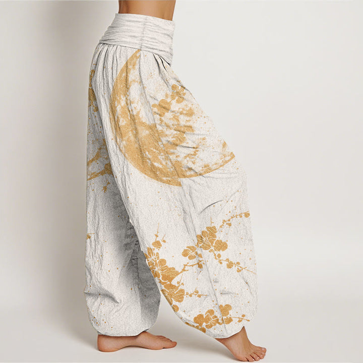 Buddha Stones Damen-Haremshose aus reiner Baumwolle mit goldenem Pflaumenblüten-Vollmond-Muster und elastischer Taille