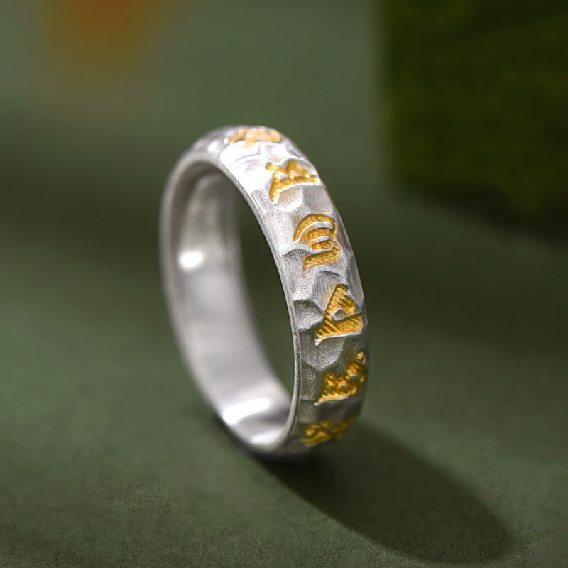 Buddha Stones 999 Sterling Silber Hammermuster Om Mani Padme Hum Balance Ring - Silber (5 mm) - image 1