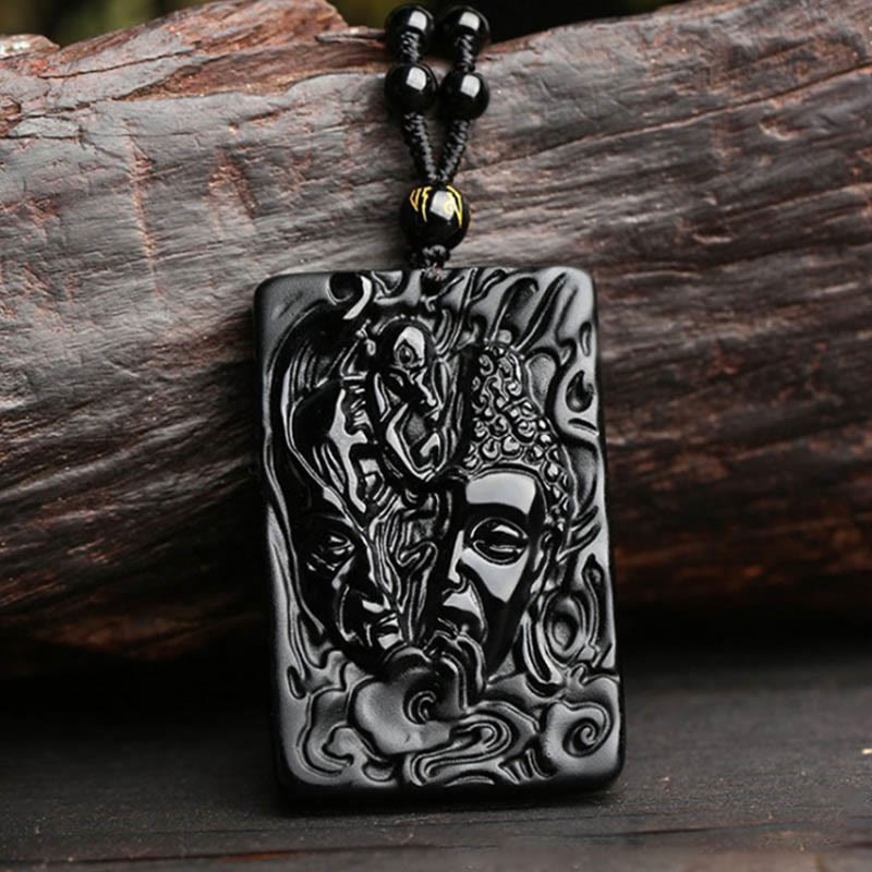 Buddha Stones Natürlicher schwarzer Obsidian Buddha Teufel Muster Stärke Halskette Anhänger - Buddha Teufel Anhänger+Perlenkette - image 1