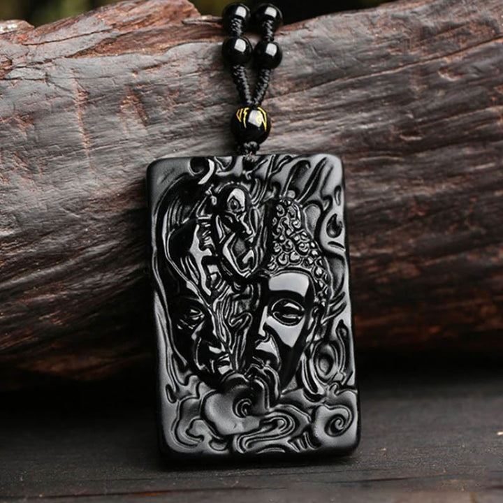 Buddha Stones Natürlicher schwarzer Obsidian Buddha Teufel Muster Stärke Halskette Anhänger - Buddha Teufel Anhänger+Perlenkette - image 1