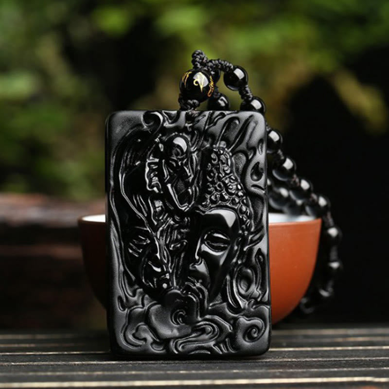 Buddha Stones Natürlicher schwarzer Obsidian Buddha Teufel Muster Stärke Halskette Anhänger - image 3