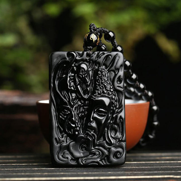 Buddha Stones Natürlicher schwarzer Obsidian Buddha Teufel Muster Stärke Halskette Anhänger - image 3