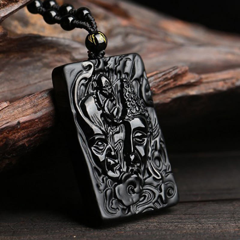 Buddha Stones Natürlicher schwarzer Obsidian Buddha Teufel Muster Stärke Halskette Anhänger - image 2
