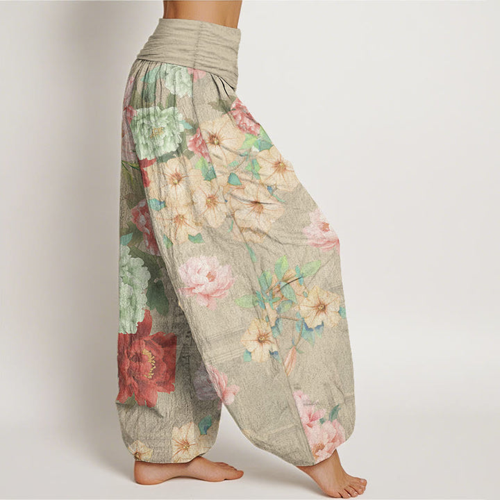 Buddha Stones Damen-Haremshose mit elastischer Taille und Pfingstrosen-Blumenmuster, reine Baumwolle