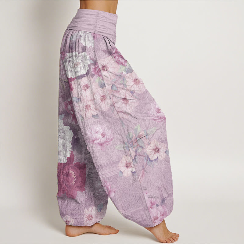 Buddha Stones Damen-Haremshose mit elastischer Taille und Pfingstrosen-Blumenmuster, reine Baumwolle