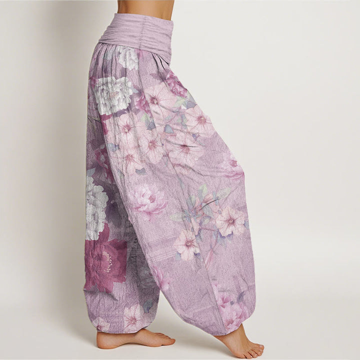 Buddha Stones Damen-Haremshose mit elastischer Taille und Pfingstrosen-Blumenmuster, reine Baumwolle
