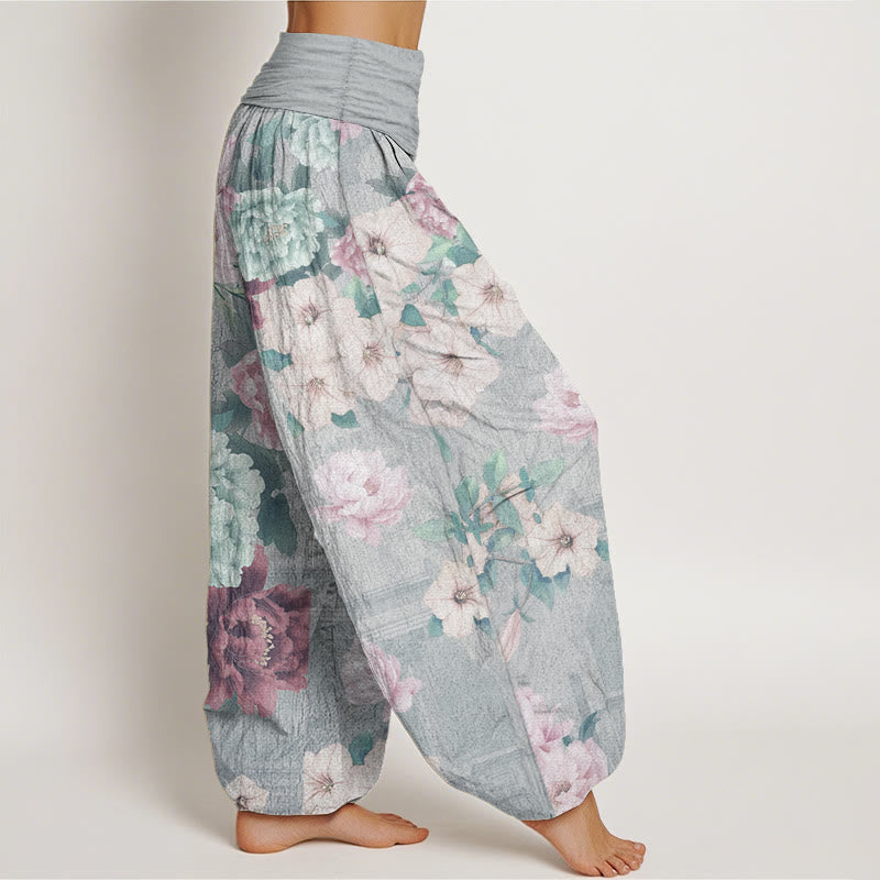 Buddha Stones Damen-Haremshose mit elastischer Taille und Pfingstrosen-Blumenmuster, reine Baumwolle