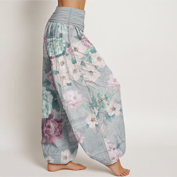 Buddha Stones Damen-Haremshose mit elastischer Taille und Pfingstrosen-Blumenmuster, reine Baumwolle