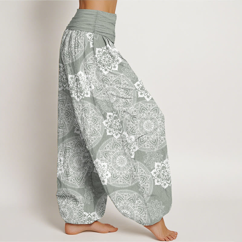 Buddha Stones Damen-Haremshose aus reiner Baumwolle mit rundem Mandala-Blumen-Design und elastischer Taille