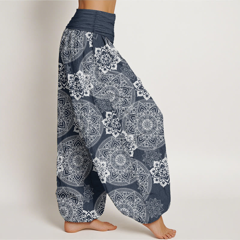 Buddha Stones Damen-Haremshose aus reiner Baumwolle mit rundem Mandala-Blumen-Design und elastischer Taille