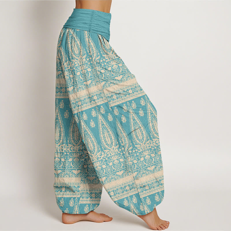 Buddha Stones Damen Haremshose aus reiner Baumwolle mit Federstreifen-Design und elastischer Taille