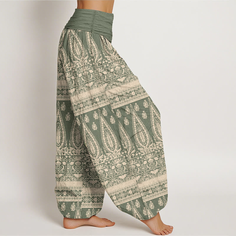 Buddha Stones Damen Haremshose aus reiner Baumwolle mit Federstreifen-Design und elastischer Taille
