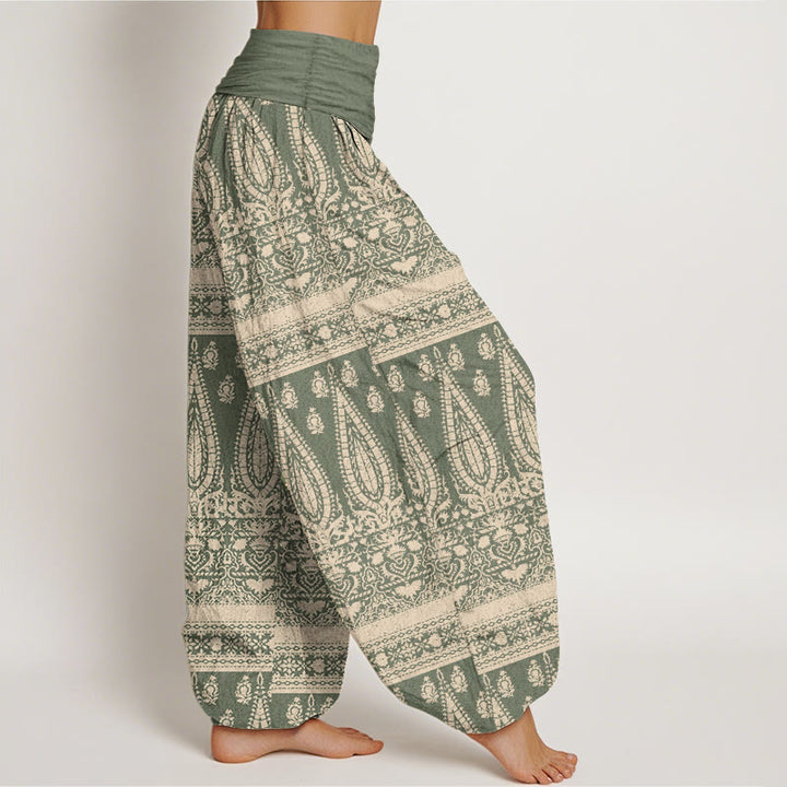 Buddha Stones Damen Haremshose aus reiner Baumwolle mit Federstreifen-Design und elastischer Taille