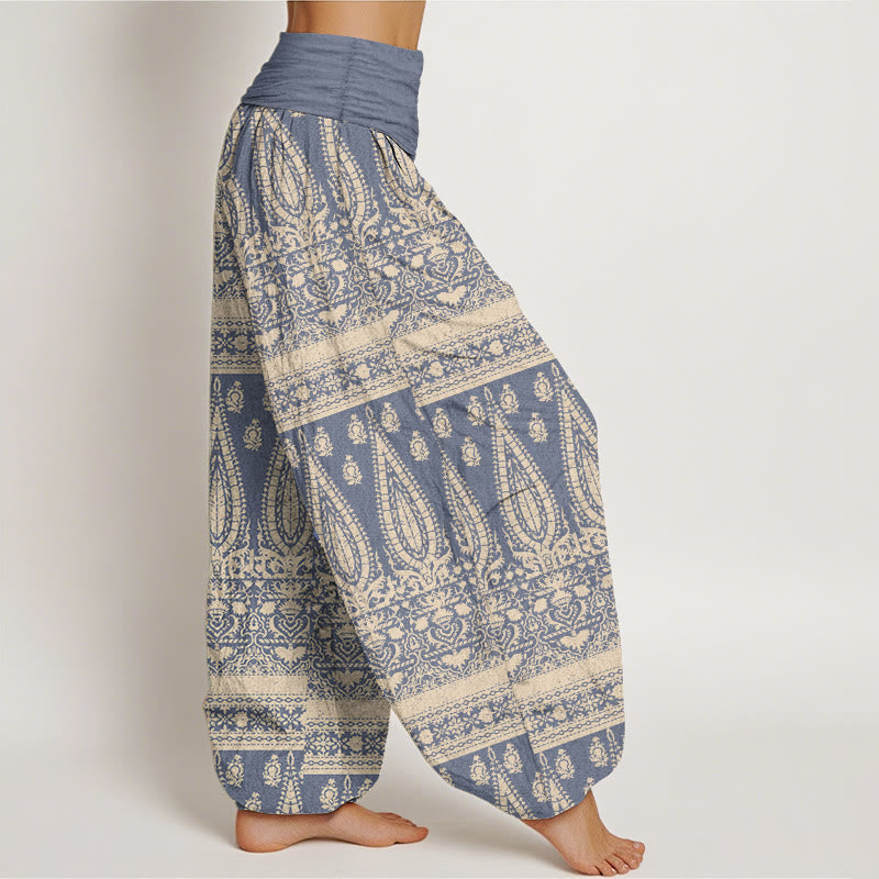 Buddha Stones Damen Haremshose aus reiner Baumwolle mit Federstreifen-Design und elastischer Taille