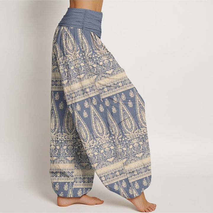 Buddha Stones Damen Haremshose aus reiner Baumwolle mit Federstreifen-Design und elastischer Taille