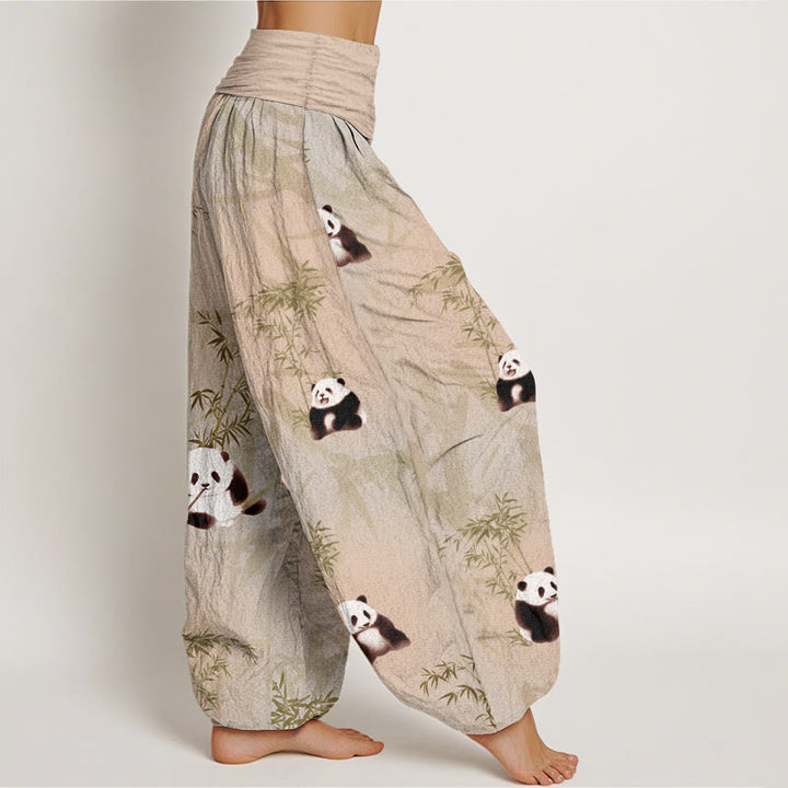 Buddha Stones Damen-Haremshose aus reiner Baumwolle mit Panda- und Bambus-Muster und elastischer Taille