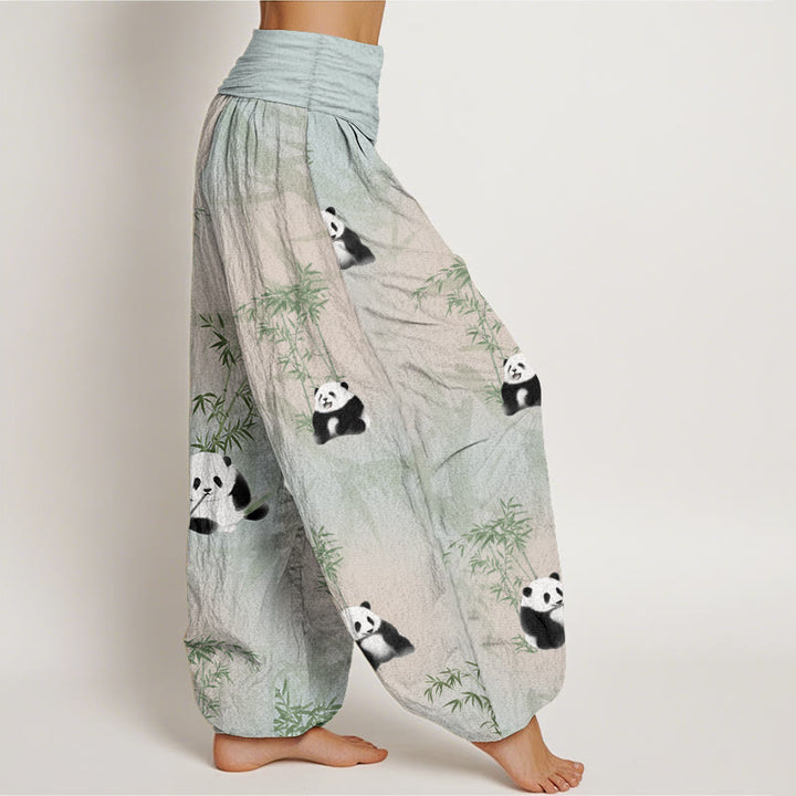 Buddha Stones Damen-Haremshose aus reiner Baumwolle mit Panda- und Bambus-Muster und elastischer Taille