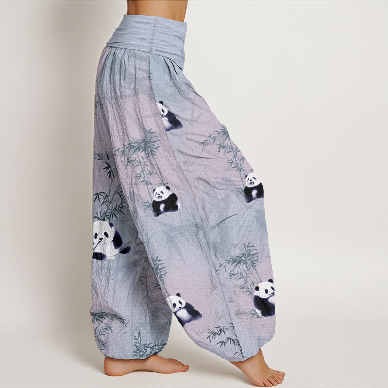 Buddha Stones Damen-Haremshose aus reiner Baumwolle mit Panda- und Bambus-Muster und elastischer Taille