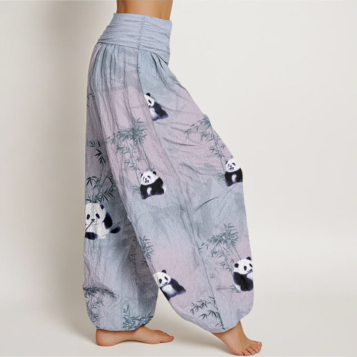 Buddha Stones Damen-Haremshose aus reiner Baumwolle mit Panda- und Bambus-Muster und elastischer Taille
