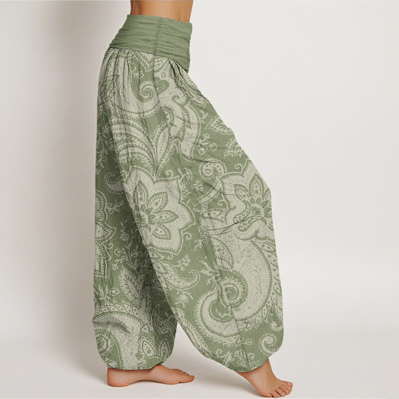 Buddha Stones Damen-Haremshose aus reiner Baumwolle mit Blumen und Paisley-Muster und elastischer Taille