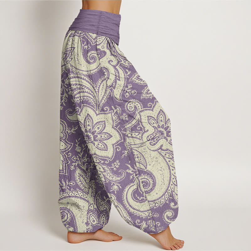 Buddha Stones Damen-Haremshose aus reiner Baumwolle mit Blumen und Paisley-Muster und elastischer Taille