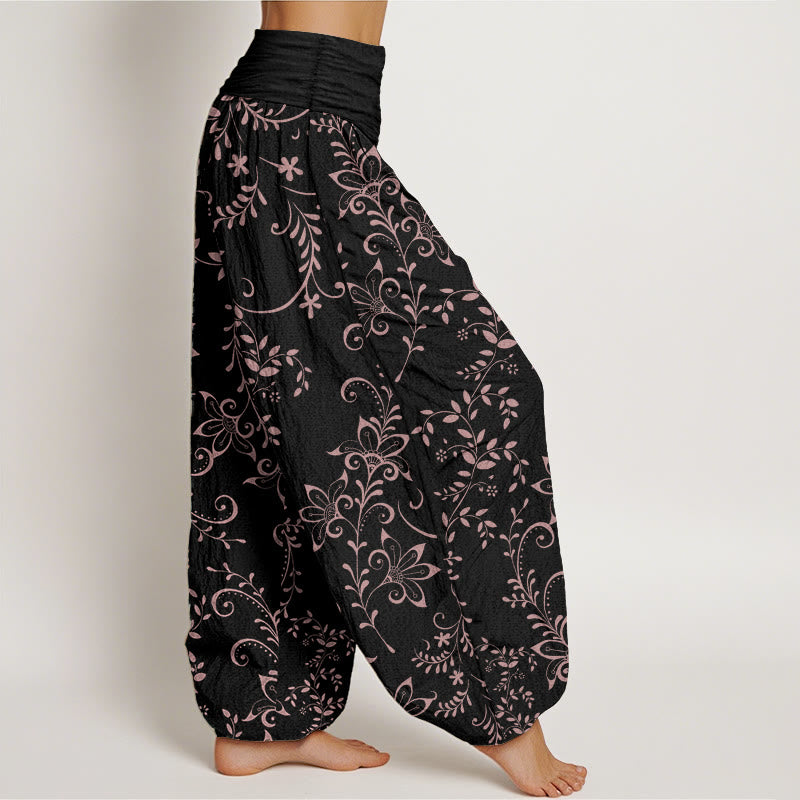 Buddha Stones Damen-Haremshose aus reiner Baumwolle mit Blumenranken-Design und elastischer Taille