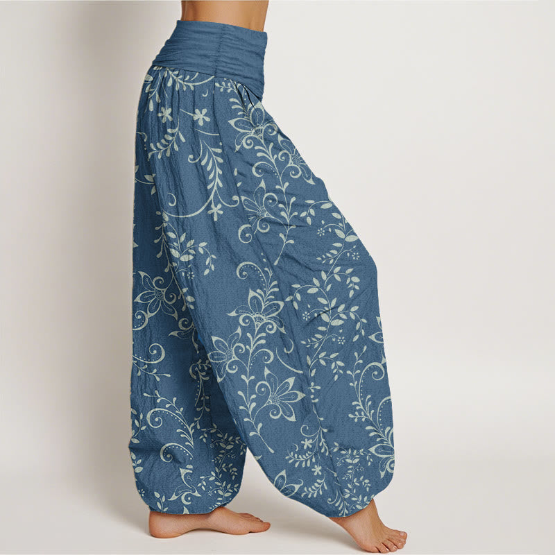 Buddha Stones Damen-Haremshose aus reiner Baumwolle mit Blumenranken-Design und elastischer Taille