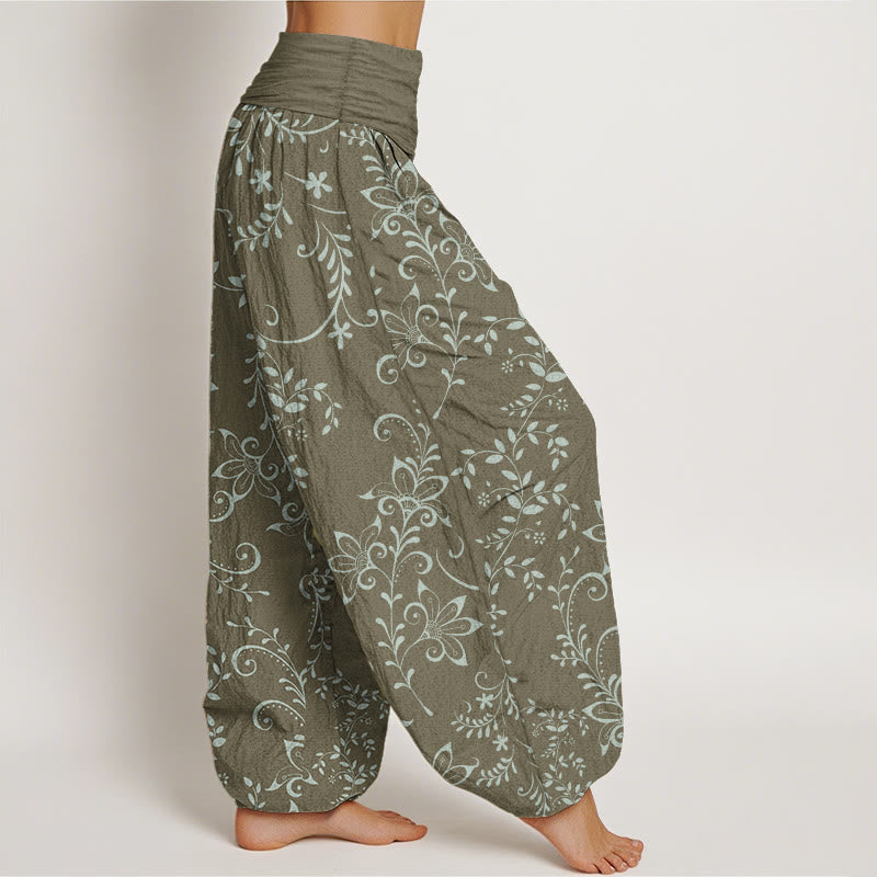 Buddha Stones Damen-Haremshose aus reiner Baumwolle mit Blumenranken-Design und elastischer Taille