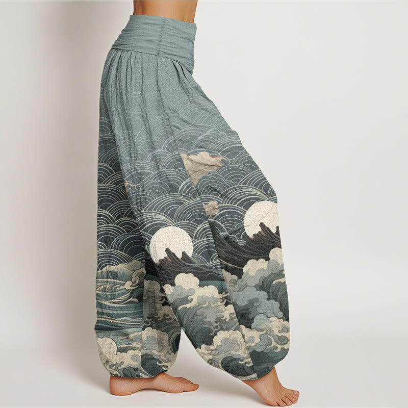 Buddha Stones Damen Haremshose aus reiner Baumwolle mit Wellen-, Mond- und Bergmuster und elastischer Taille