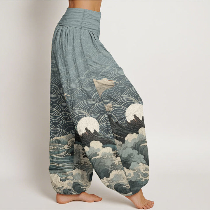 Buddha Stones Damen Haremshose aus reiner Baumwolle mit Wellen-, Mond- und Bergmuster und elastischer Taille