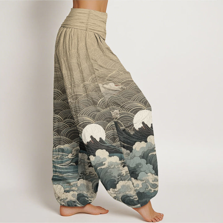 Buddha Stones Damen Haremshose aus reiner Baumwolle mit Wellen-, Mond- und Bergmuster und elastischer Taille