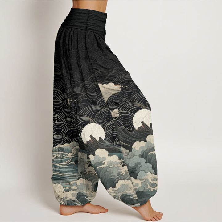 Buddha Stones Damen Haremshose aus reiner Baumwolle mit Wellen-, Mond- und Bergmuster und elastischer Taille