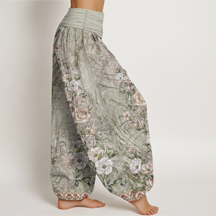Haremshose mit Buddha Stones, reiner Baumwolle, ethnisches Blumenmuster, ethnisches Totem-Muster, elastische Taille für Damen