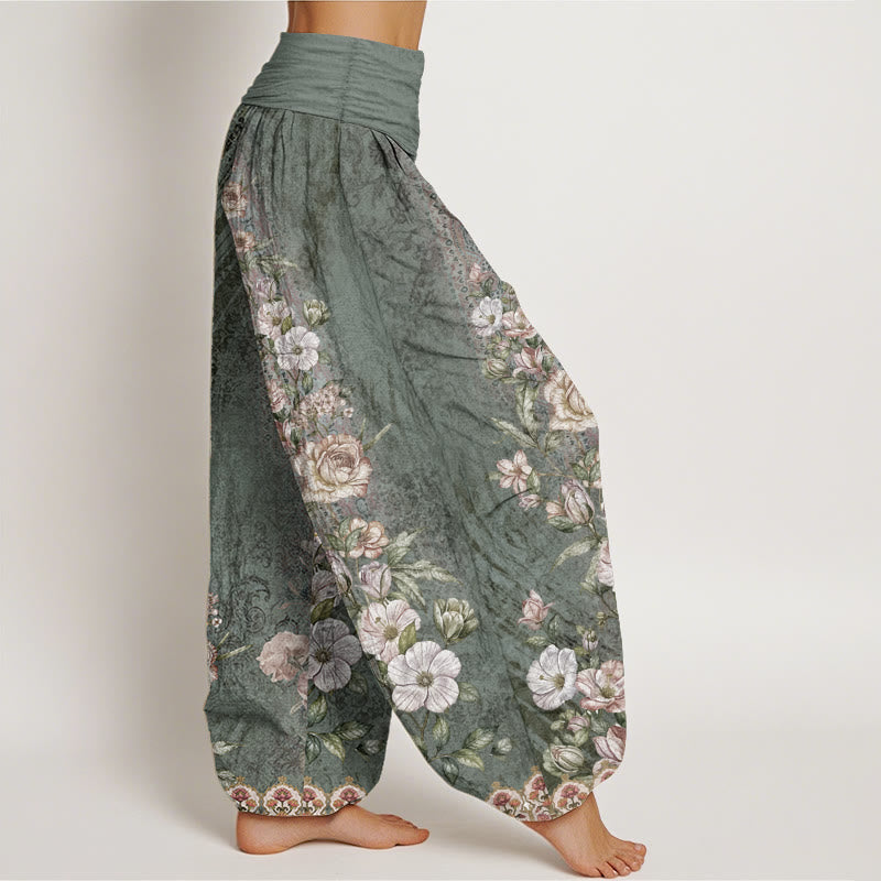 Haremshose mit Buddha Stones, reiner Baumwolle, ethnisches Blumenmuster, ethnisches Totem-Muster, elastische Taille für Damen