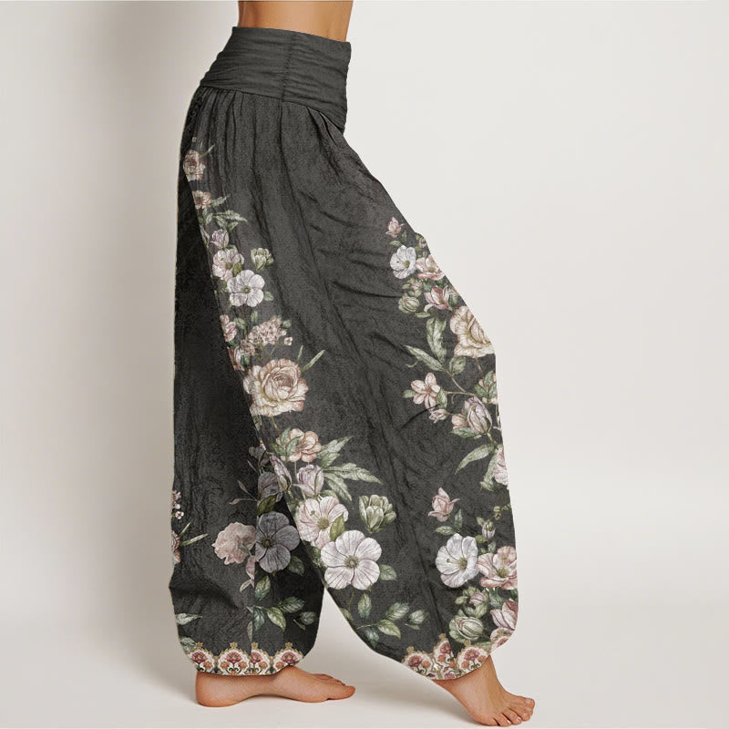 Haremshose mit Buddha Stones, reiner Baumwolle, ethnisches Blumenmuster, ethnisches Totem-Muster, elastische Taille für Damen