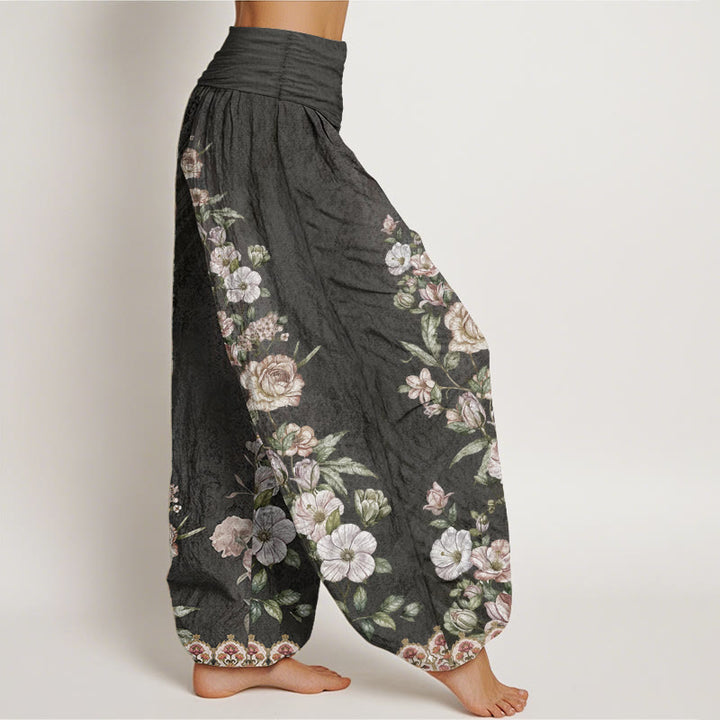 Haremshose mit Buddha Stones, reiner Baumwolle, ethnisches Blumenmuster, ethnisches Totem-Muster, elastische Taille für Damen