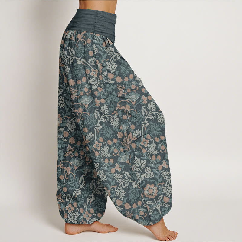 Buddha Stones Damen-Haremshose aus reiner Baumwolle mit Blumen- und Blättermuster und elastischer Taille