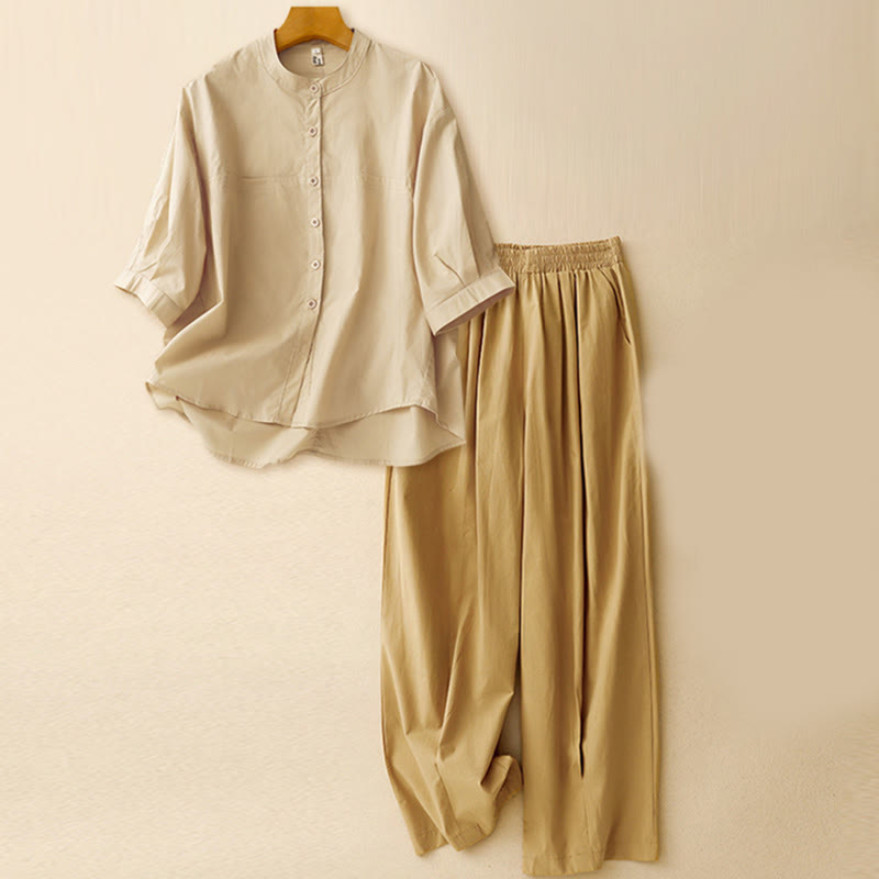 Buddha Stones 2-teiliges Damen-Set mit Dreiviertelärmeln, Hemd und Haremshose, Meditationskleidung - Aprikosen-Top + Khaki-Hose - US12， UK/AU16，EU44 (2XL) - image 1