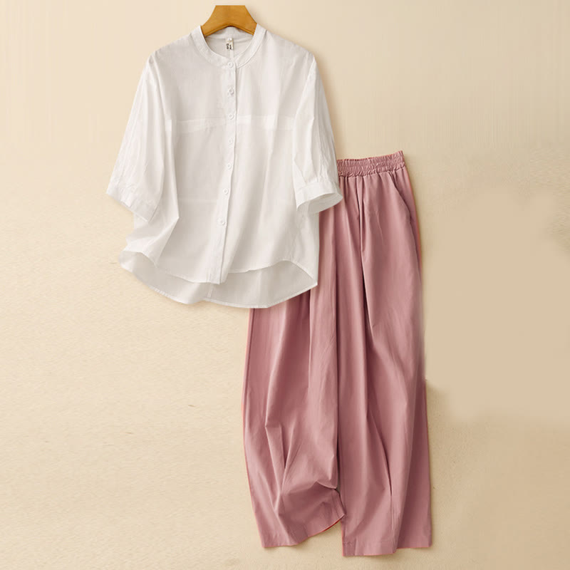 Buddha Stones 2-teiliges Damen-Set mit Dreiviertelärmeln, Hemd und Haremshose, Meditationskleidung - Cremefarbenes Oberteil + rosa Hose - US12， UK/AU16，EU44 (2XL) - image 26