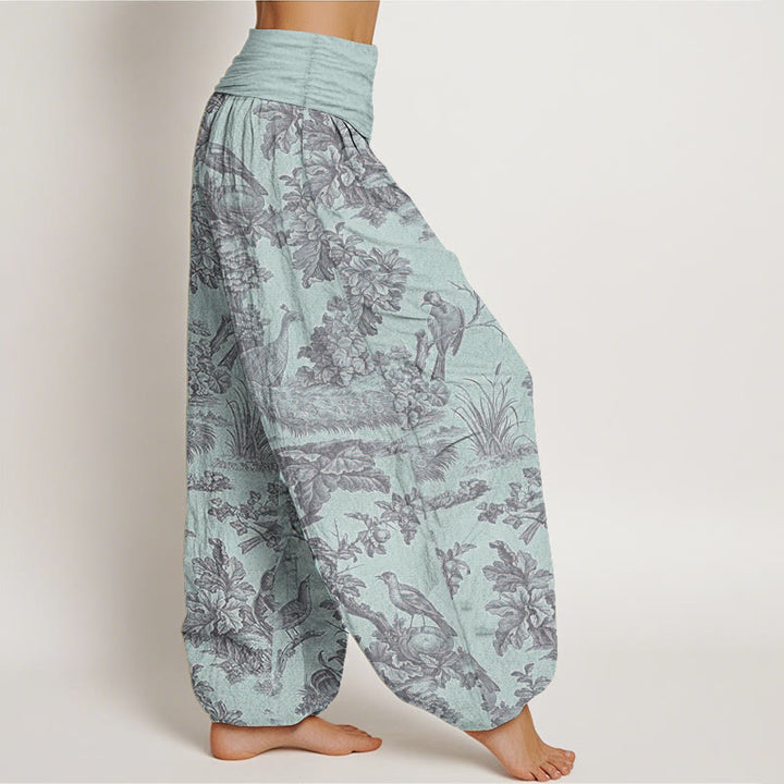 Haremshose mit Buddha Stones, reiner Baumwolle, Vögel, Bäume, Äste, Muster, elastische Taille für Damen