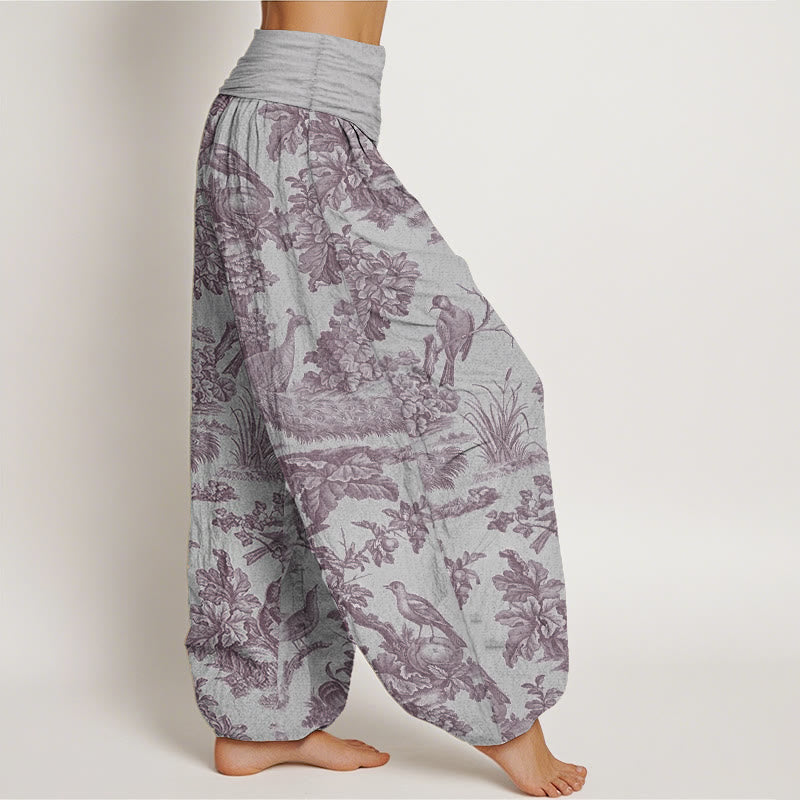 Haremshose mit Buddha Stones, reiner Baumwolle, Vögel, Bäume, Äste, Muster, elastische Taille für Damen